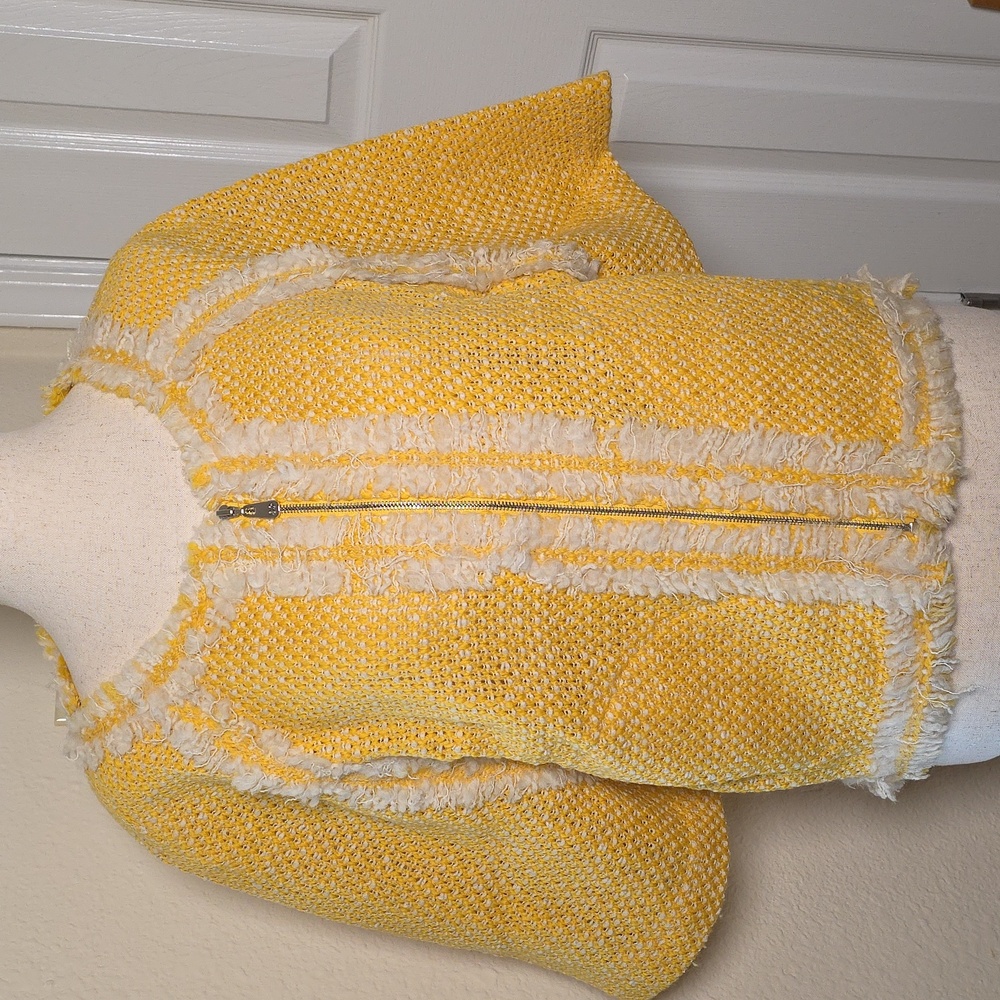 Escada Sport Yellow and White Textured Zippered Cardigan with Side Pockets